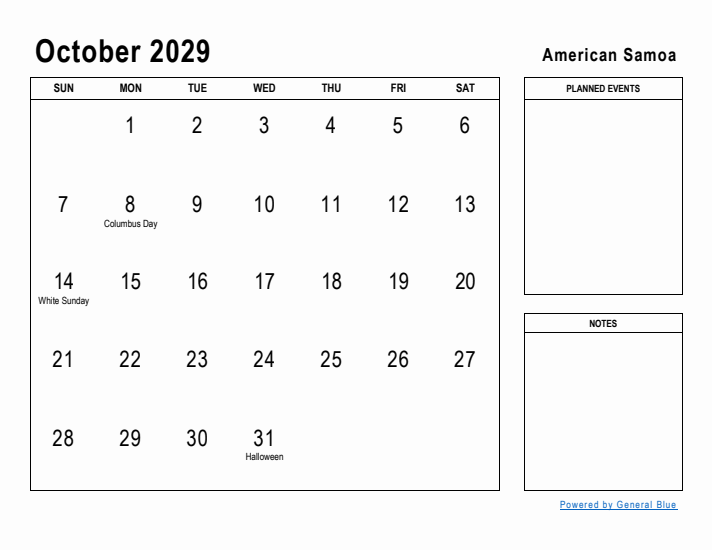 October 2029 Printable Monthly Calendar with American Samoa Holidays