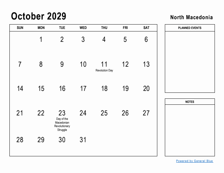 October 2029 Printable Monthly Calendar with North Macedonia Holidays