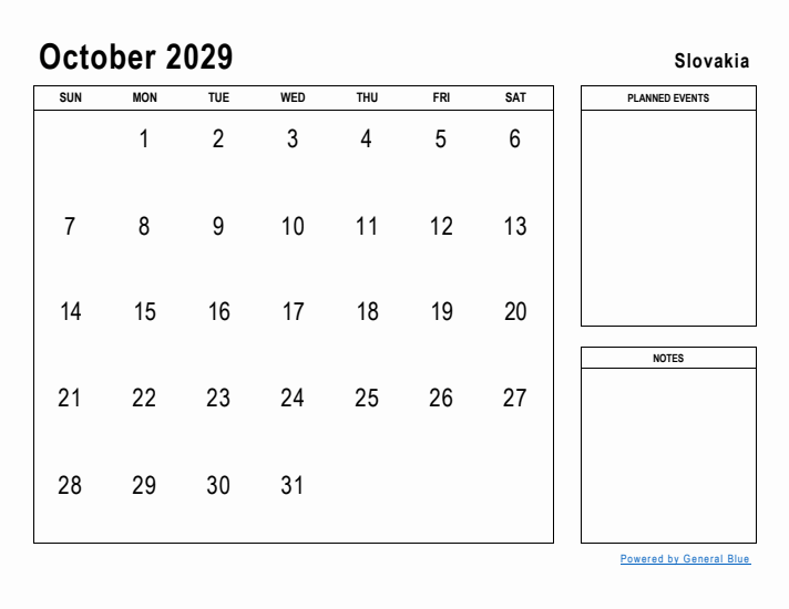 October 2029 Printable Monthly Calendar with Slovakia Holidays
