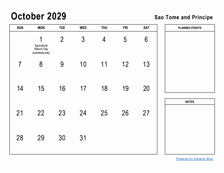 October 2029 Printable Monthly Calendar with Sao Tome and Principe Holidays