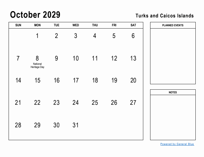 October 2029 Printable Monthly Calendar with Turks and Caicos Islands Holidays