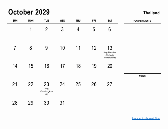 October 2029 Printable Monthly Calendar with Thailand Holidays