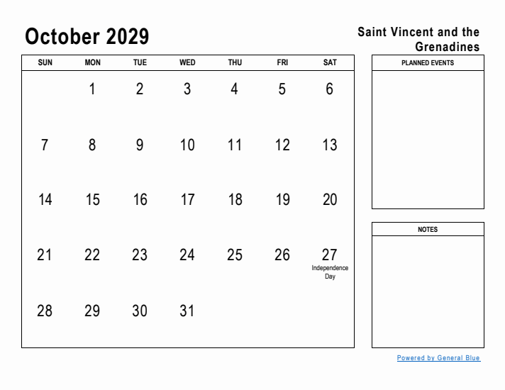 October 2029 Printable Monthly Calendar with Saint Vincent and the Grenadines Holidays