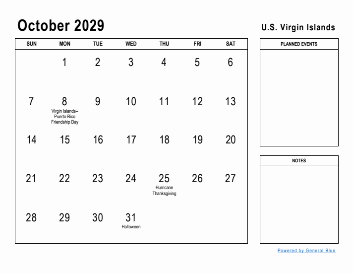 October 2029 Printable Monthly Calendar with U.S. Virgin Islands Holidays