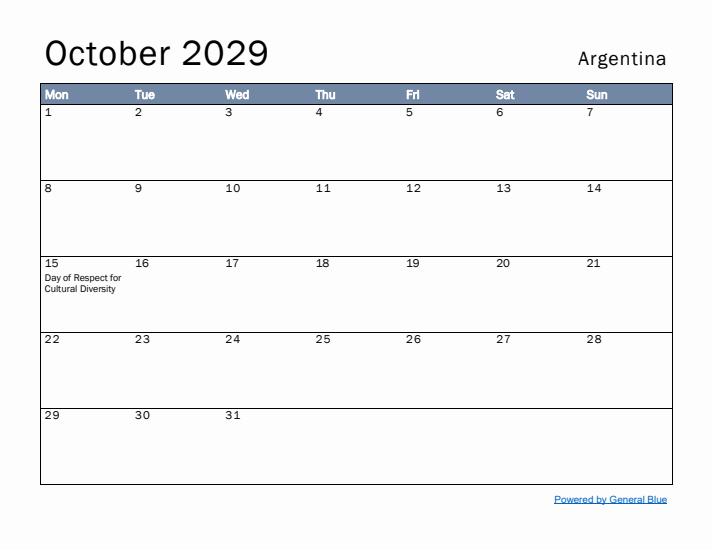 October 2029 Simple Monthly Calendar for Argentina