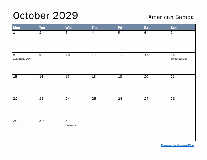 October 2029 Simple Monthly Calendar for American Samoa