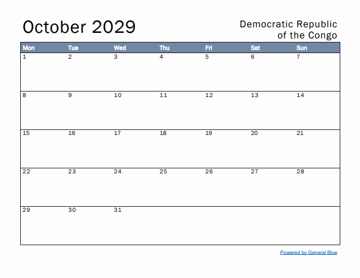 October 2029 Simple Monthly Calendar for Democratic Republic of the Congo