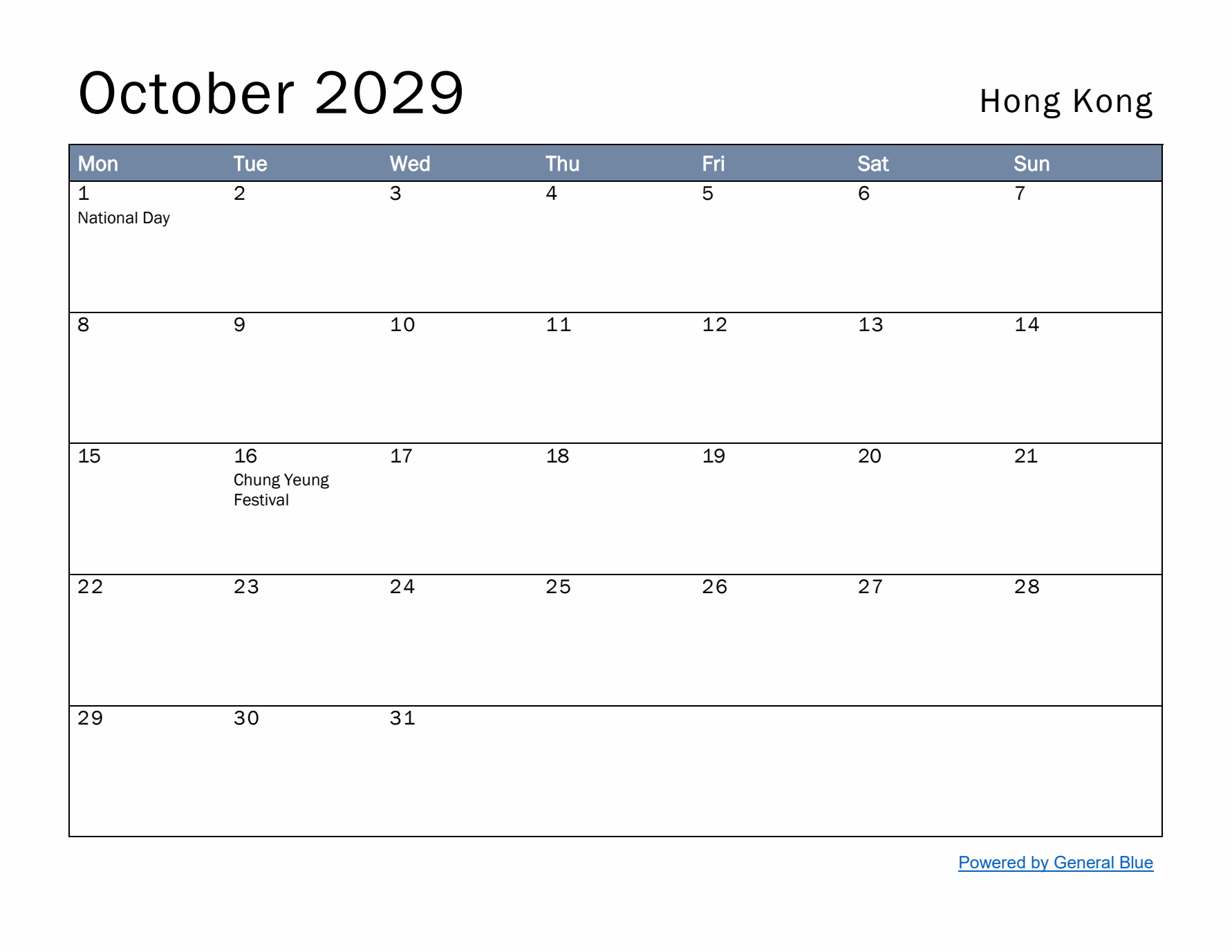 October 2029 Simple Monthly Calendar for Hong Kong