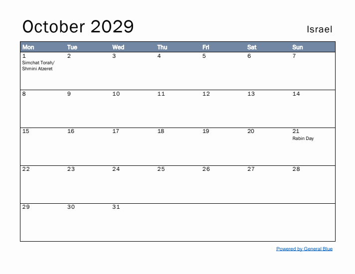 October 2029 Simple Monthly Calendar for Israel