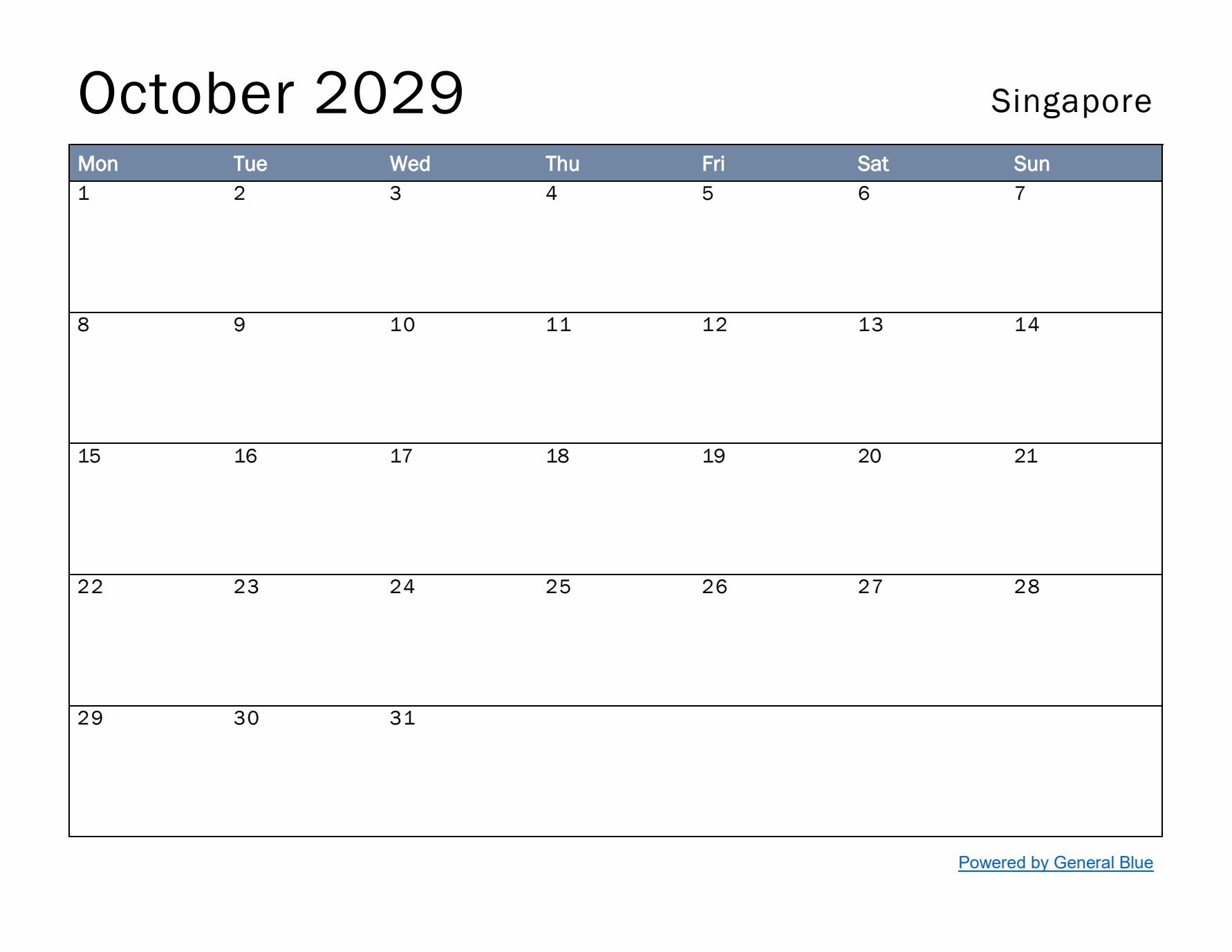 October 2029 Simple Monthly Calendar for Singapore