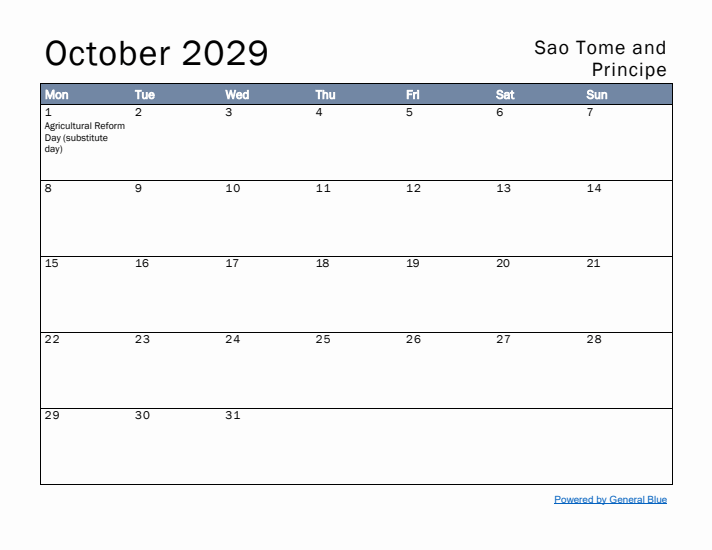 October 2029 Simple Monthly Calendar for Sao Tome and Principe