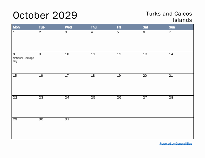 October 2029 Simple Monthly Calendar for Turks and Caicos Islands