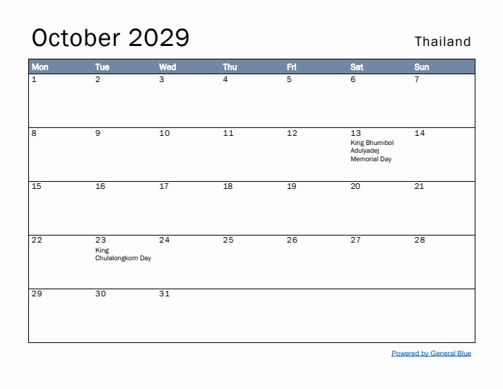 October 2029 Simple Monthly Calendar for Thailand