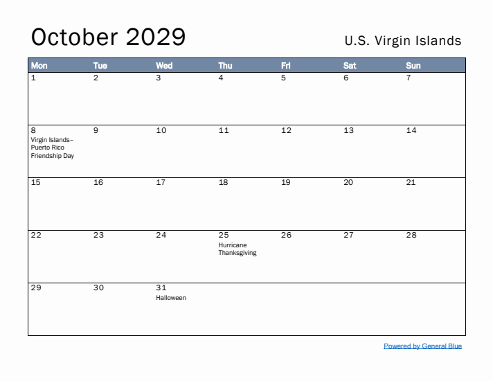 October 2029 Simple Monthly Calendar for U.S. Virgin Islands