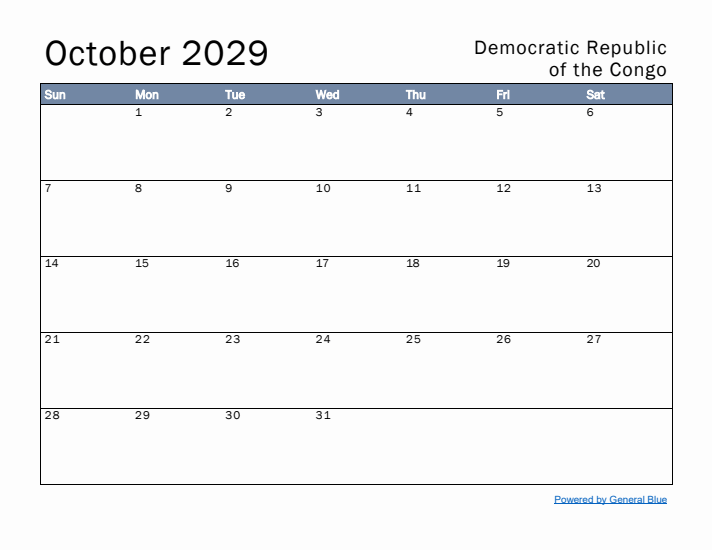 October 2029 Simple Monthly Calendar for Democratic Republic of the Congo