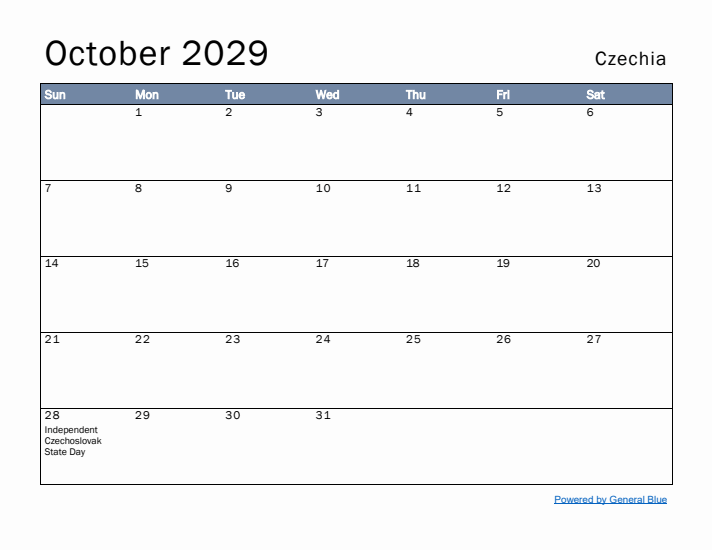 October 2029 Simple Monthly Calendar for Czechia