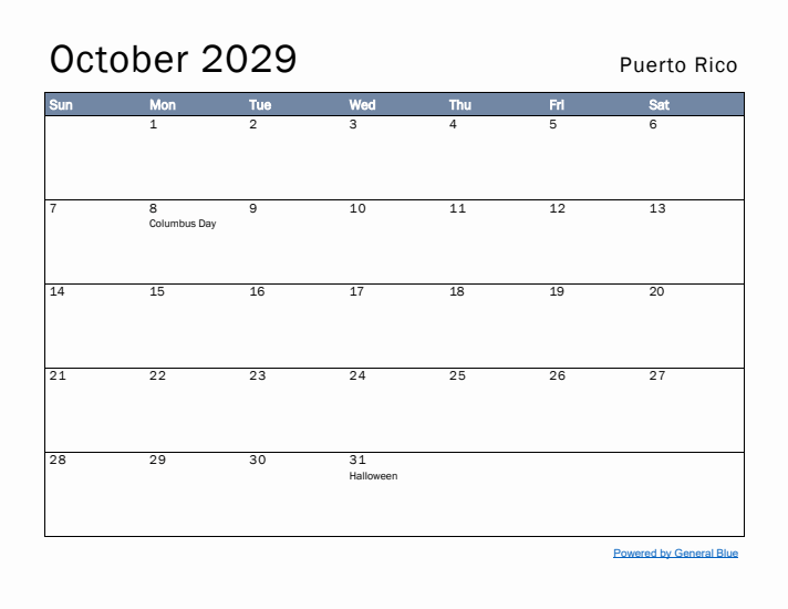 October 2029 Simple Monthly Calendar for Puerto Rico
