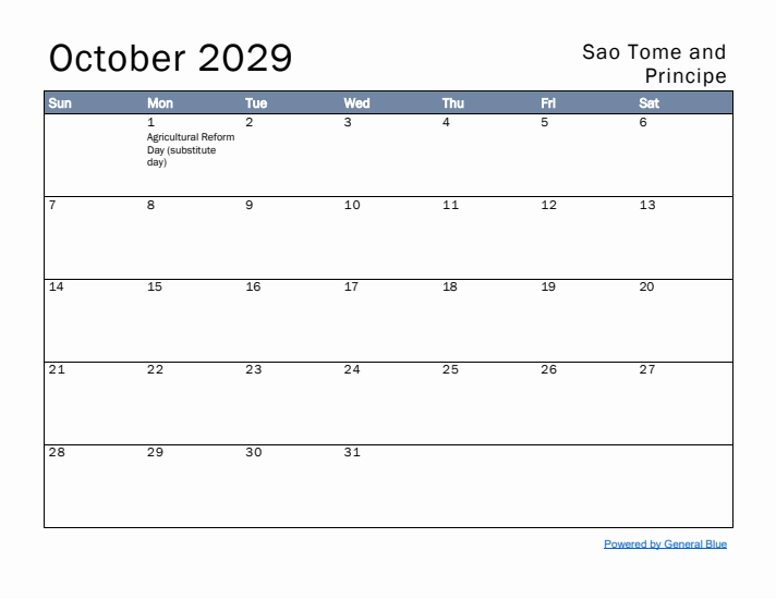October 2029 Simple Monthly Calendar for Sao Tome and Principe