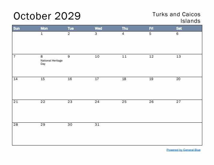 October 2029 Simple Monthly Calendar for Turks and Caicos Islands