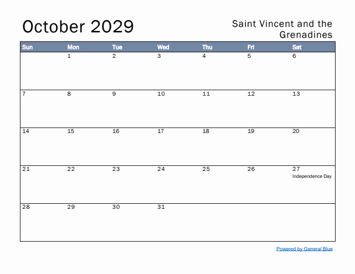 October 2029 Simple Monthly Calendar for Saint Vincent and the Grenadines