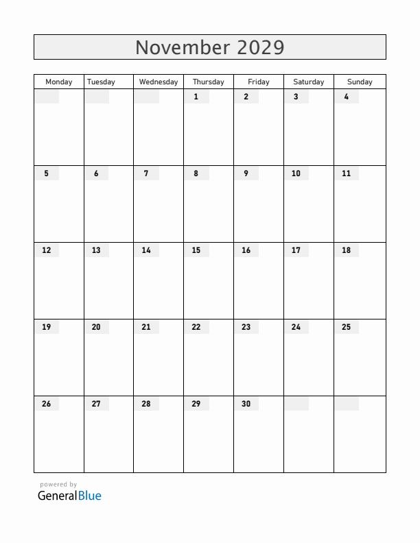 Blank November 2029 Calendar