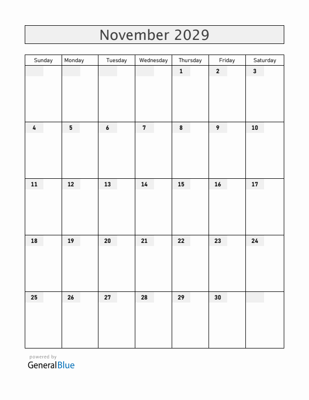 Blank November 2029 Calendar
