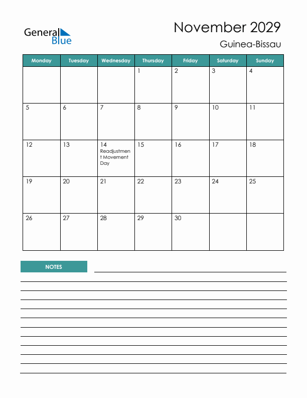 Calendar with Notes Printable - Monday Start