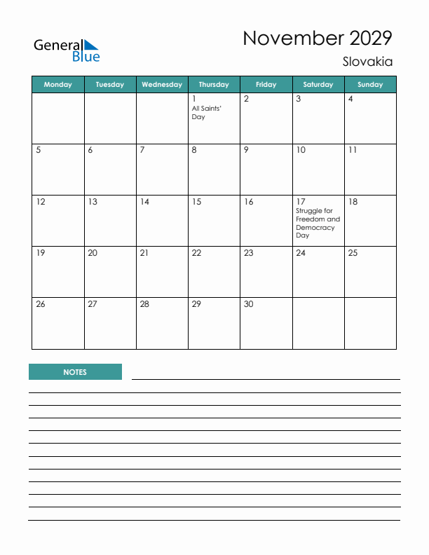 Calendar with Notes Printable - Monday Start