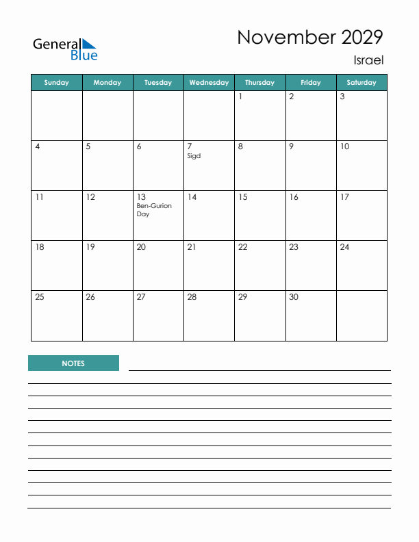 Calendar with Notes Printable - Sunday Start