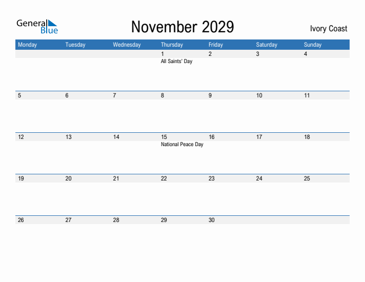 Fillable November 2029 Calendar