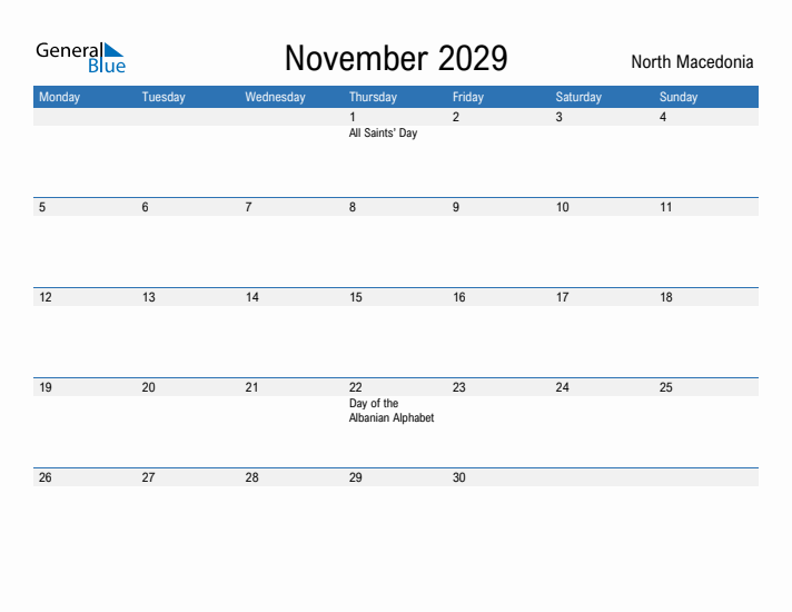 Fillable November 2029 Calendar