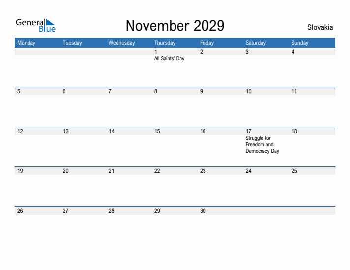 Fillable November 2029 Calendar