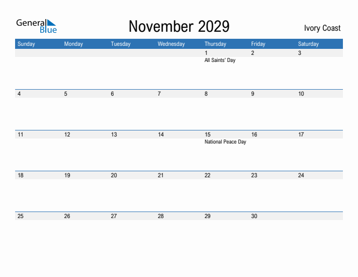 Fillable November 2029 Calendar