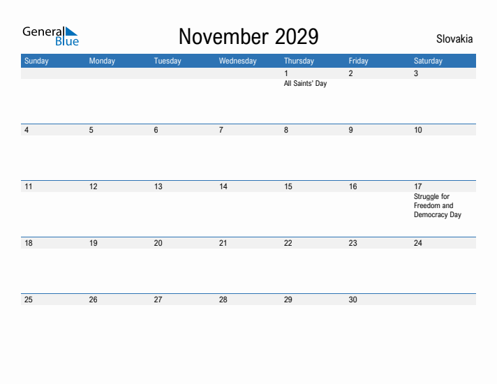Fillable November 2029 Calendar