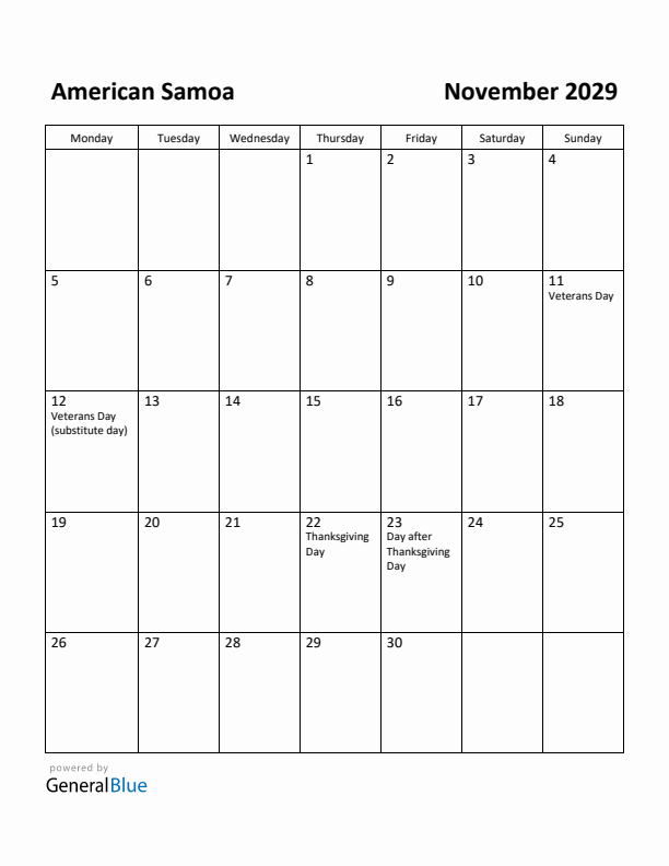 November 2029 Calendar with American Samoa Holidays