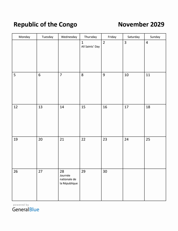November 2029 Calendar with Republic of the Congo Holidays