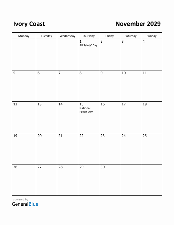 November 2029 Calendar with Ivory Coast Holidays