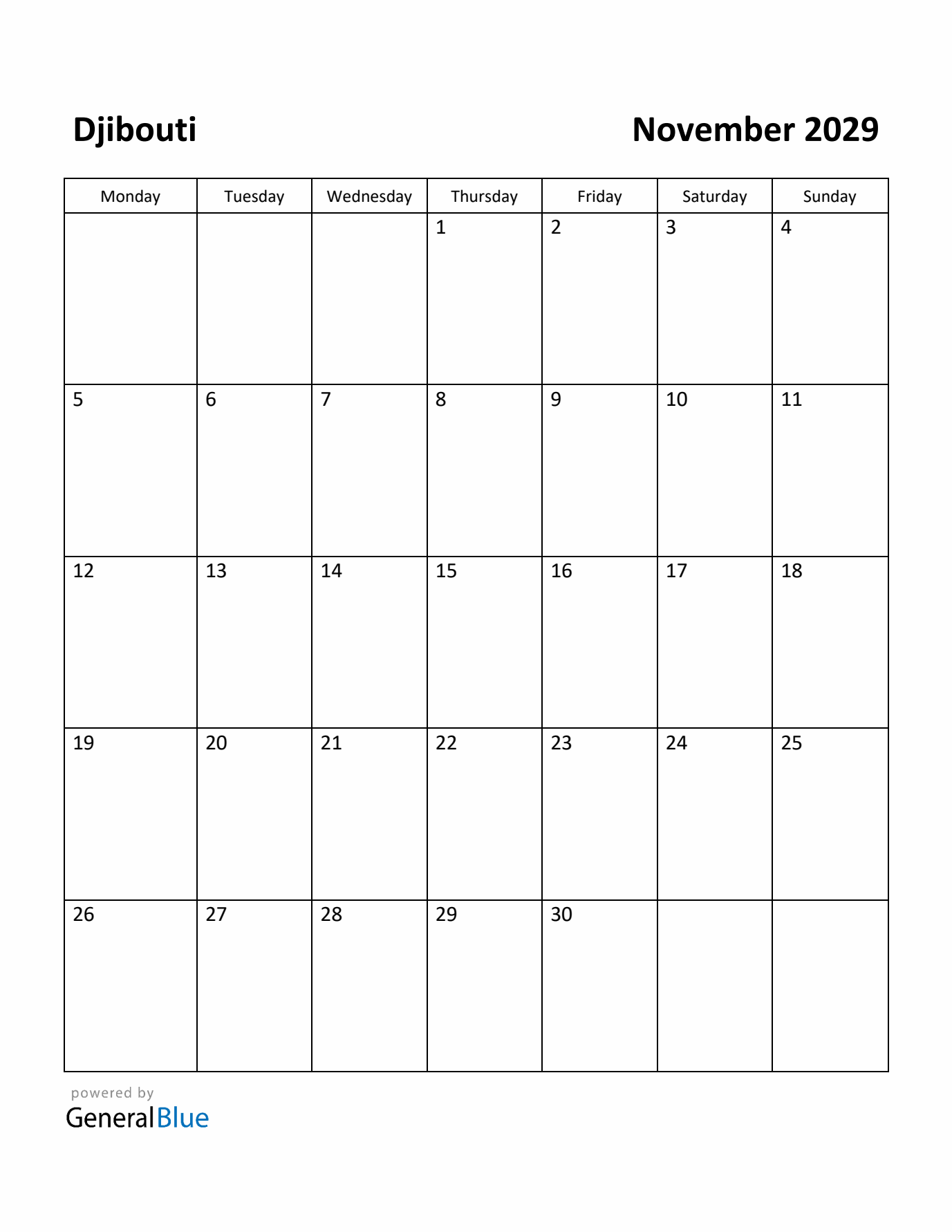 November 2029 Calendar with Djibouti Holidays