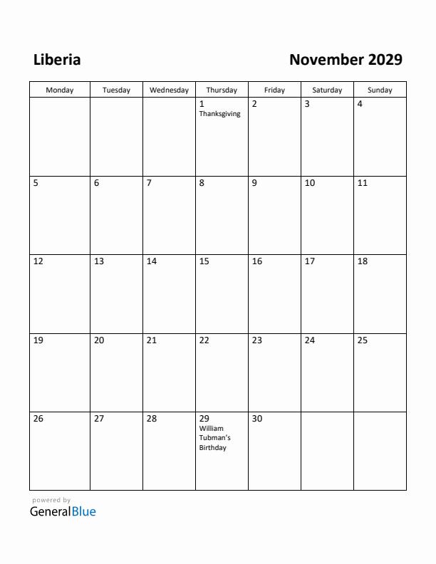 November 2029 Calendar with Liberia Holidays