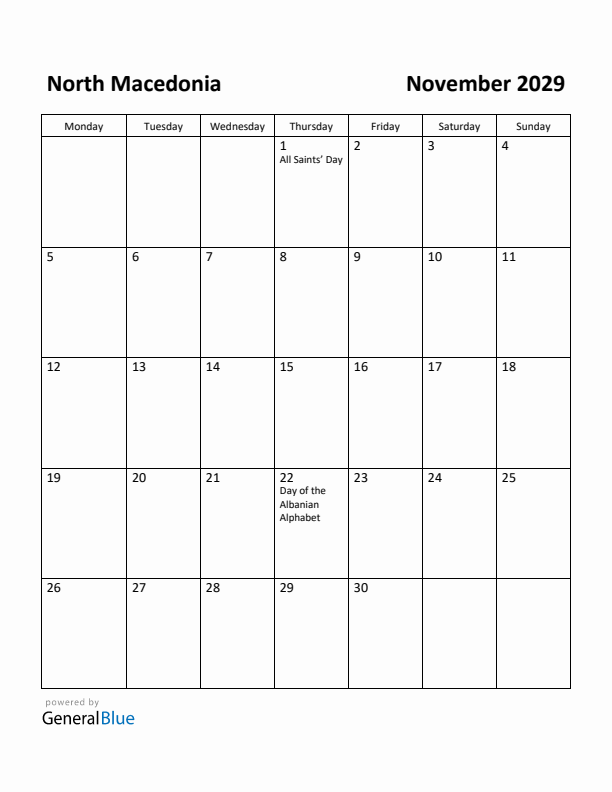 November 2029 Calendar with North Macedonia Holidays