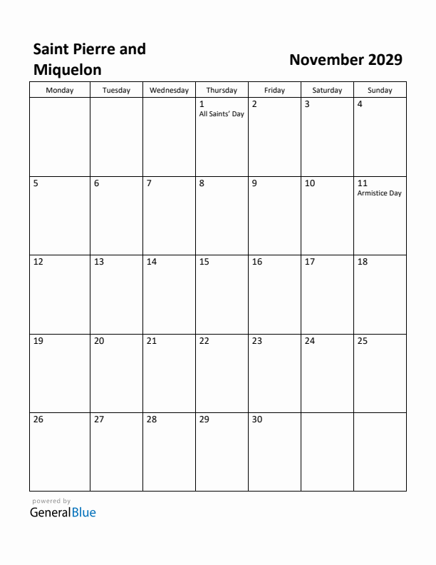 November 2029 Calendar with Saint Pierre and Miquelon Holidays