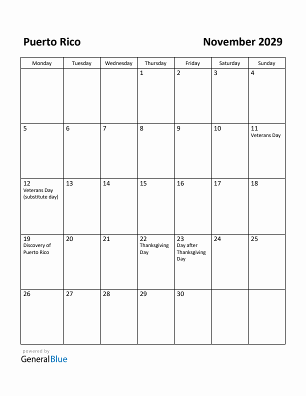 November 2029 Calendar with Puerto Rico Holidays