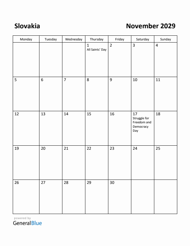 November 2029 Calendar with Slovakia Holidays