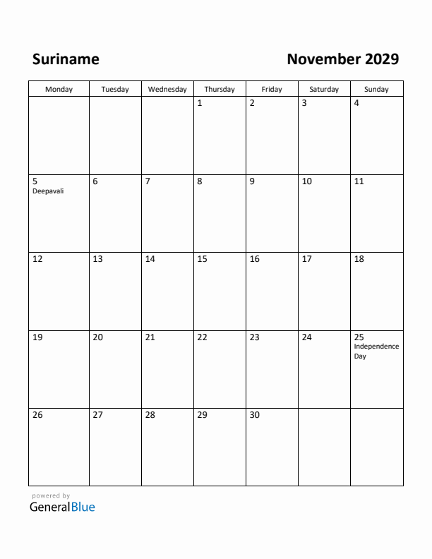 November 2029 Calendar with Suriname Holidays