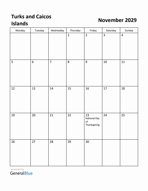November 2029 Calendar with Turks and Caicos Islands Holidays