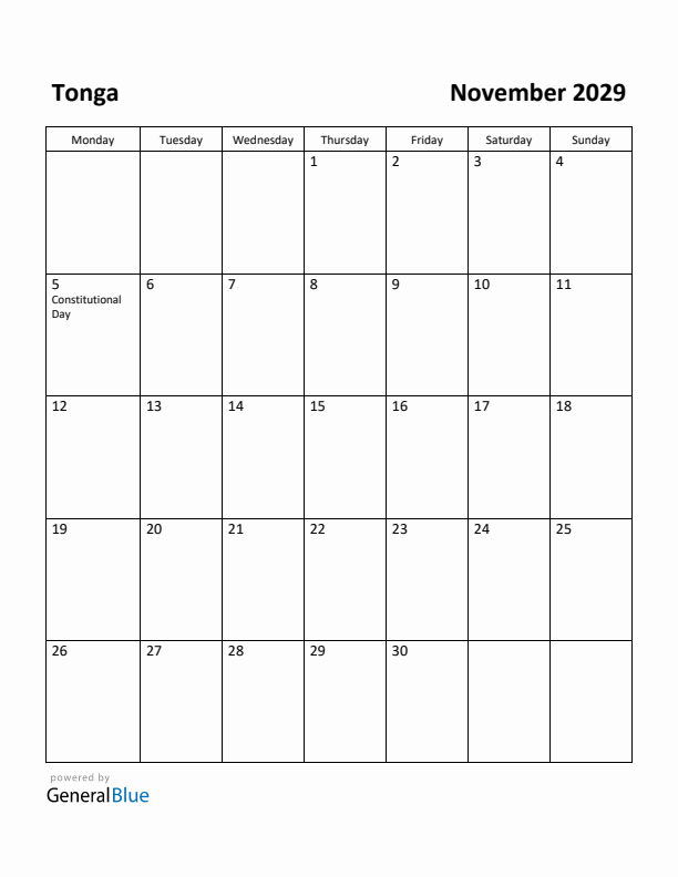 November 2029 Calendar with Tonga Holidays