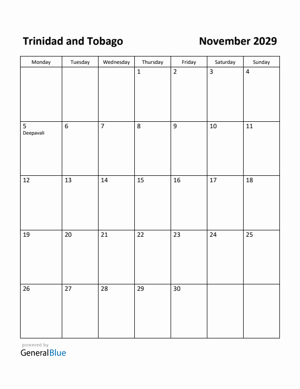 November 2029 Calendar with Trinidad and Tobago Holidays