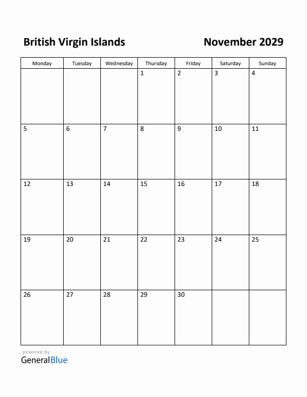 November 2029 Calendar with British Virgin Islands Holidays