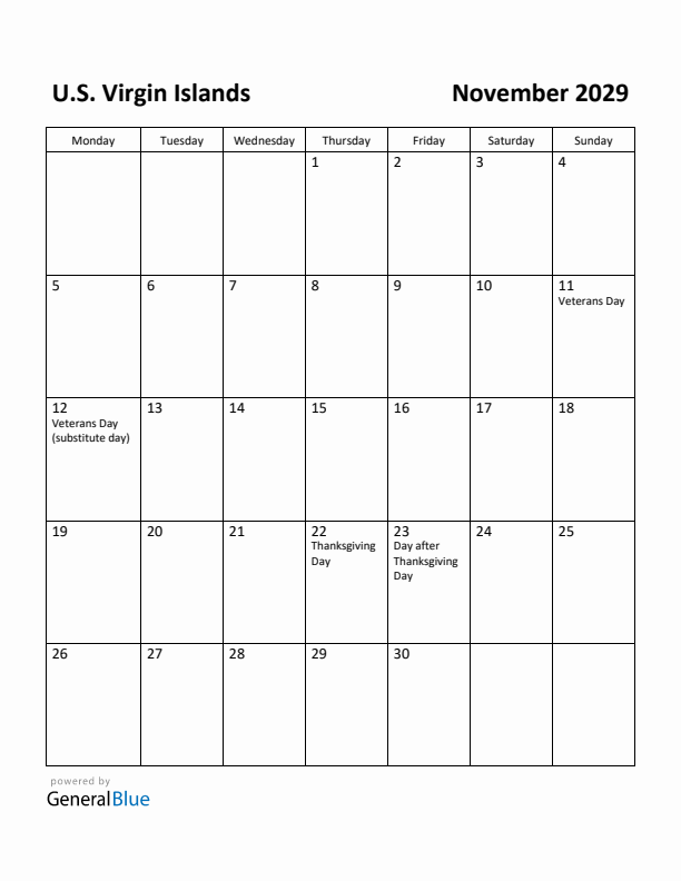November 2029 Calendar with U.S. Virgin Islands Holidays