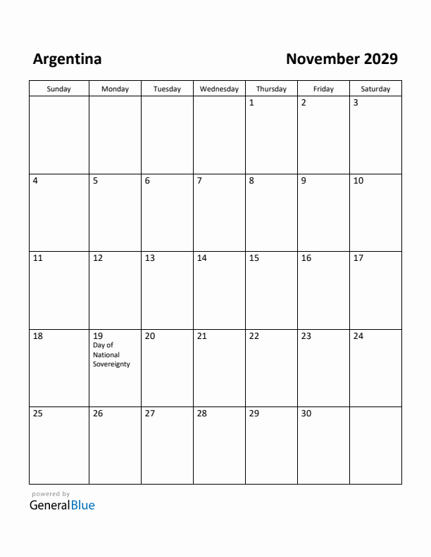 November 2029 Calendar with Argentina Holidays